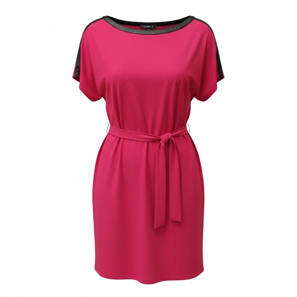 LAUREN RALPH LAUREN | Edgy Red Faux Leather Trim Belted Tunic Shift Dress | XL